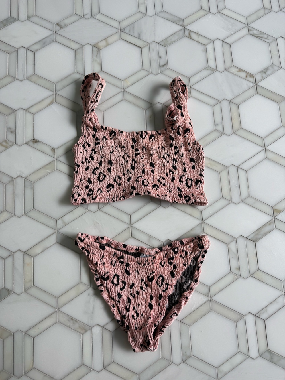 Hunza G Pink and Black Leopard Smocked Bikini Set